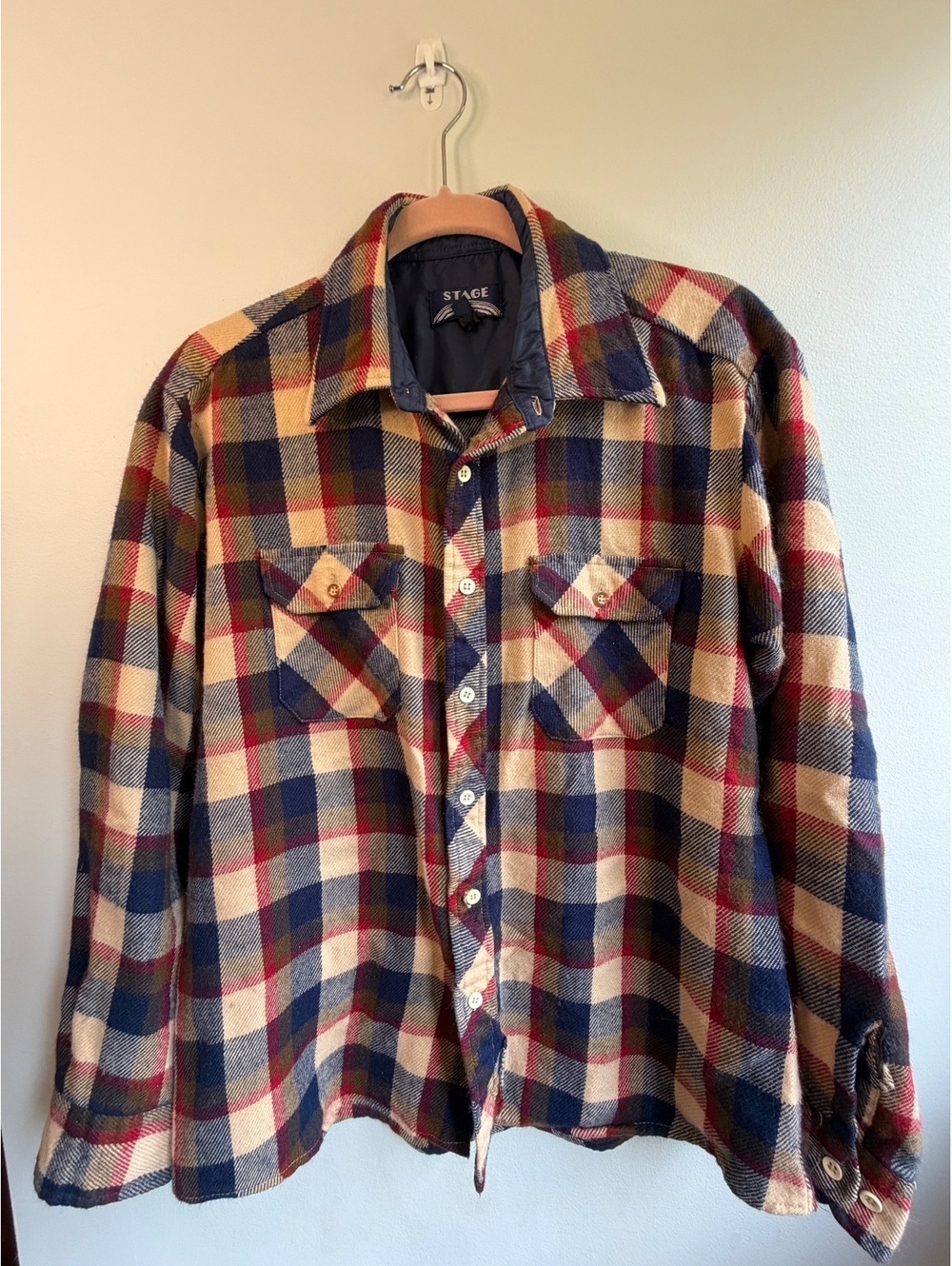 Stage Large Plaid Button-Up Shirt Jacket in Navy and Beige